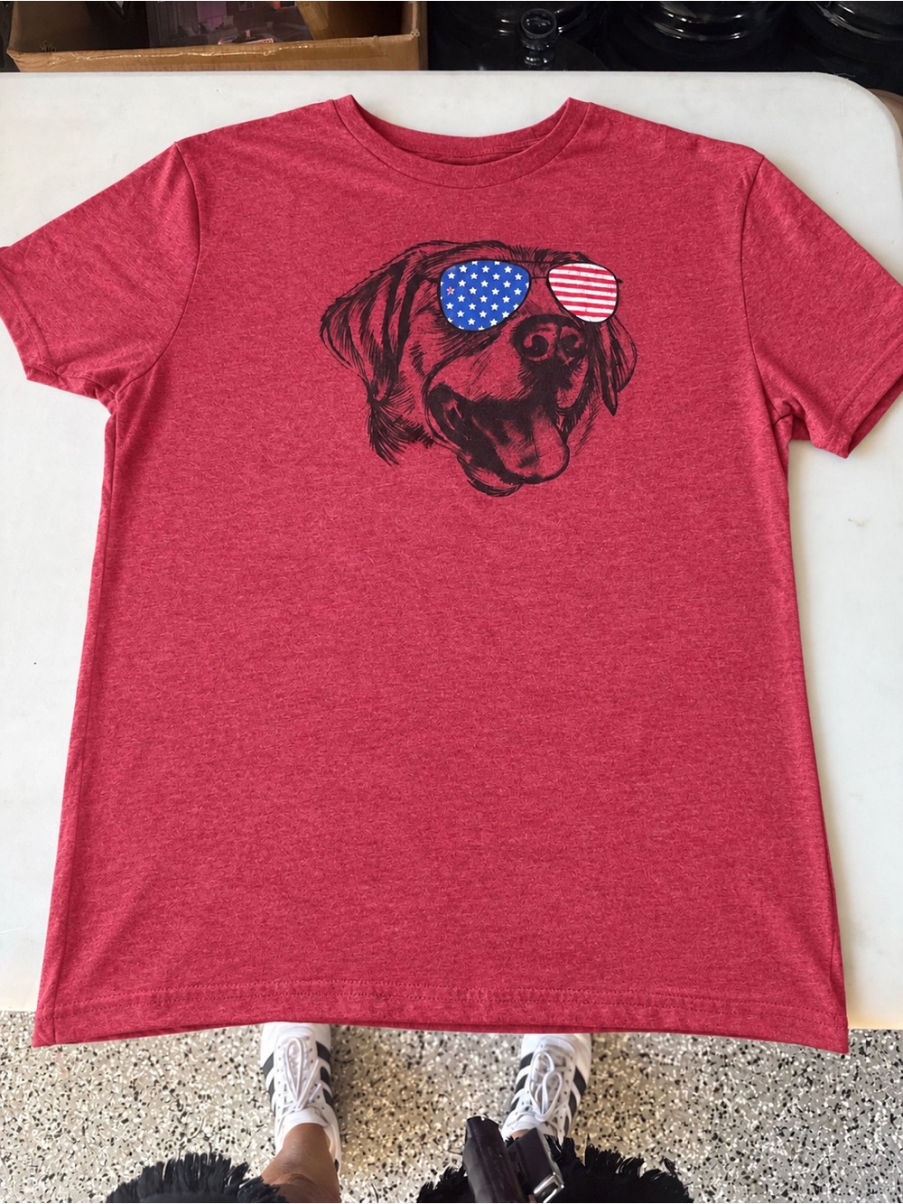 Red Dog Graphic Tee with American Flag Sunglasses - Unbranded